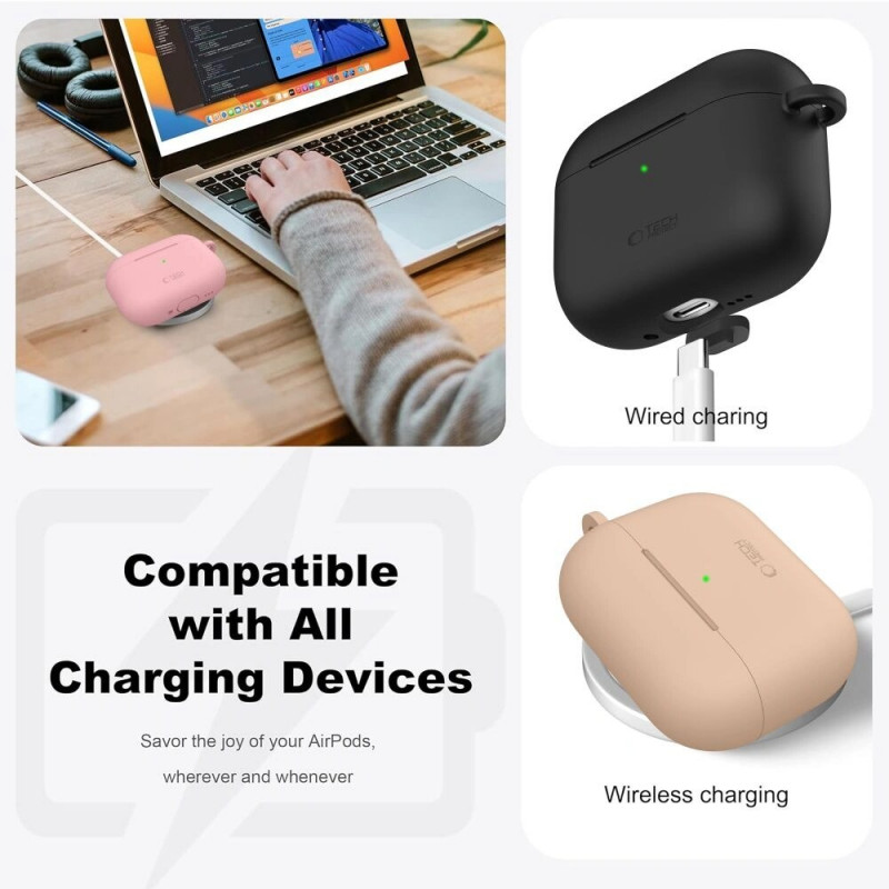 Custodia in silicone con moschettone Tech-Protect per Apple AirPods Pro 3, grigio pastello