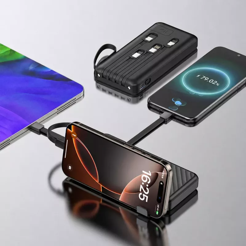 Power bank Wozinsky W11-B 10000mAh 10W con cavi integrati e torcia, nero