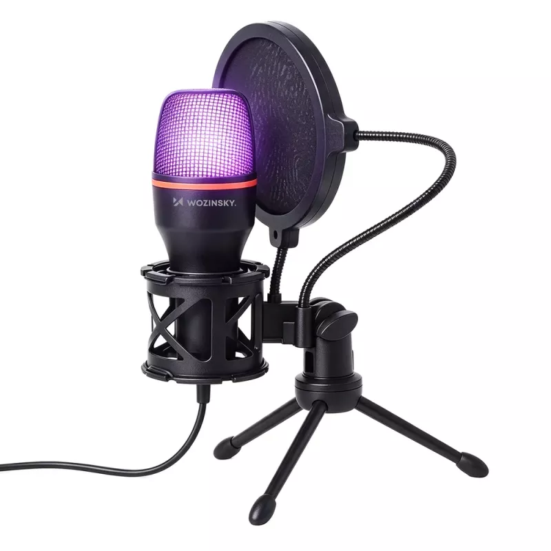 Microfono da studio gaming cablato Wozinsky WM-W111 su supporto con retroilluminazione RGB, nero