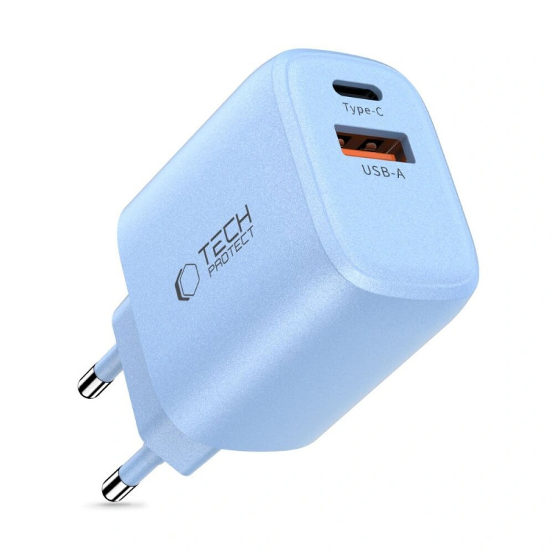 Caricatore da rete Tech-Protect NCA30 USB-A, USB-C PD 30W / QC3.0 azzurro