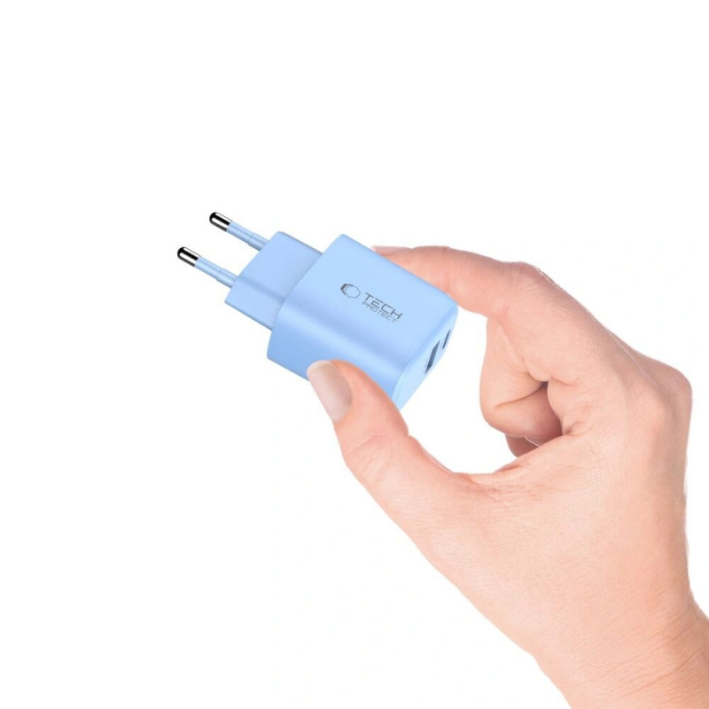 Caricatore da rete Tech-Protect NCA30 USB-A, USB-C PD 30W / QC3.0 azzurro