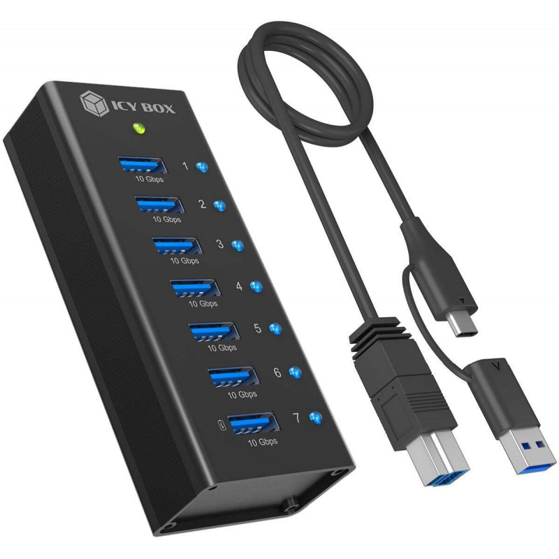 ICY BOX IB-AC618a hub USB 3.2 Gen 2 a 7 porte, alluminio, 12 V