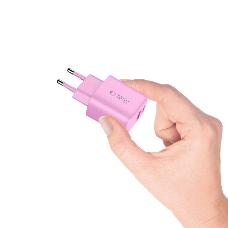 Caricatore da parete Tech-Protect NCA20 USB-A / USB-C PD 20W / QC3.0, rosa baby