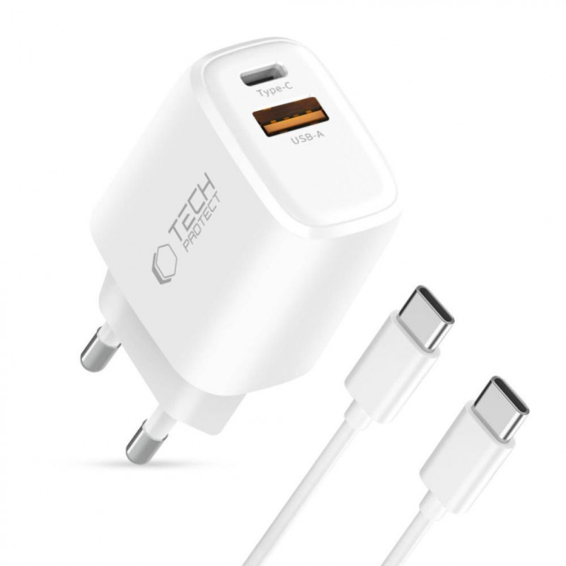 Caricabatterie da parete Tech-Protect NCA20 USB-A / USB-C PD 20W / QC3.0 con cavo USB-C / USB-C 100 cm, bianco
