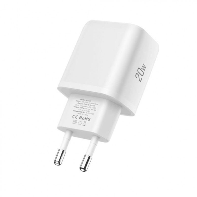 Caricabatterie da parete Tech-Protect NCA20 USB-A / USB-C PD 20W / QC3.0 con cavo USB-C / USB-C 100 cm, bianco