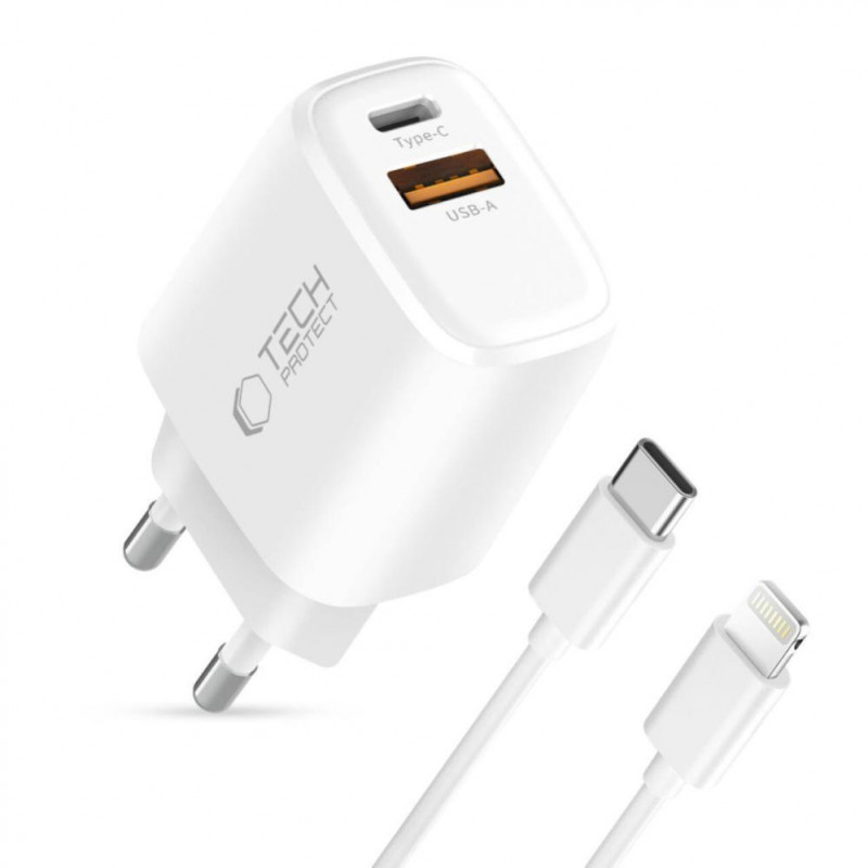 Caricabatterie da parete Tech-Protect NCA20 USB-A / USB-C PD 20W / QC3.0 con cavo USB-C / Lightning 100 cm, bianco