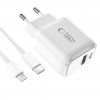 Caricabatterie da parete Tech-Protect NCA20 USB-A / USB-C PD 20W / QC3.0 con cavo USB-C / Lightning 100 cm, bianco
