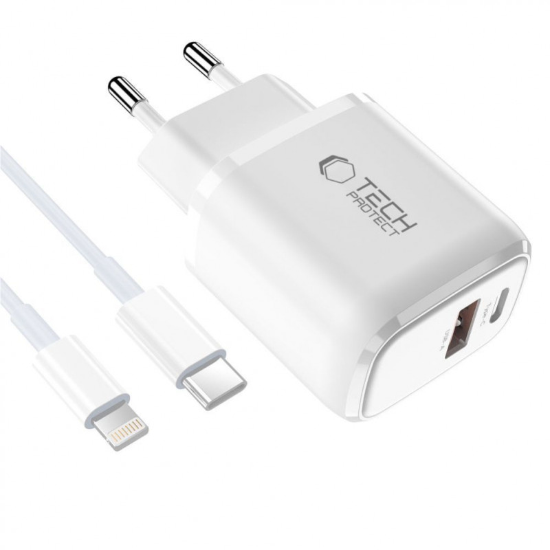 Caricabatterie da parete Tech-Protect NCA20 USB-A / USB-C PD 20W / QC3.0 con cavo USB-C / Lightning 100 cm, bianco