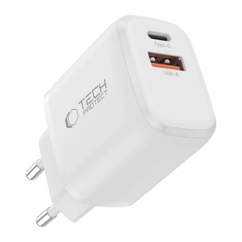 Caricabatterie da parete Tech-Protect NCA20 USB-A / USB-C PD 20W / QC3.0 con cavo USB-C / Lightning 100 cm, bianco