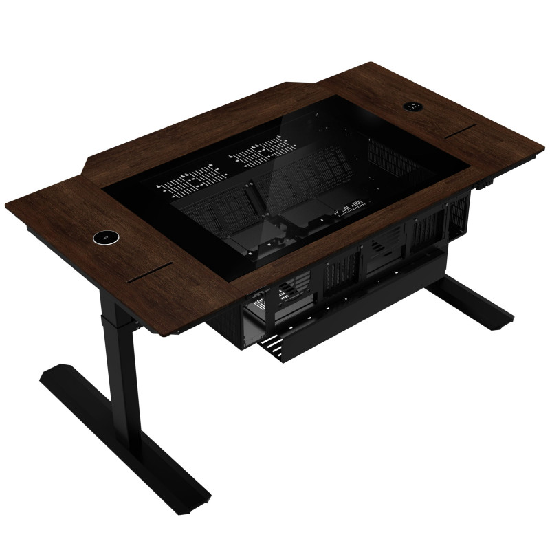 Lian Li DK07 Desk Case Wood Edition, compatibile con doppio sistema, 2x E-ATX, regolabile in altezza, Noce / Nero