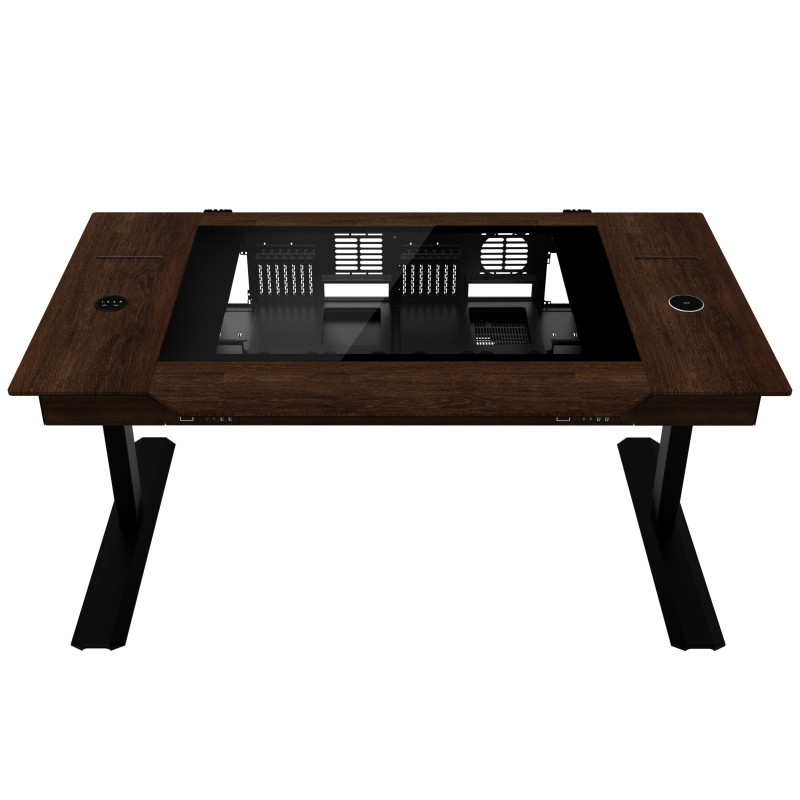 Lian Li DK07 Desk Case Wood Edition, compatibile con doppio sistema, 2x E-ATX, regolabile in altezza, Noce / Nero