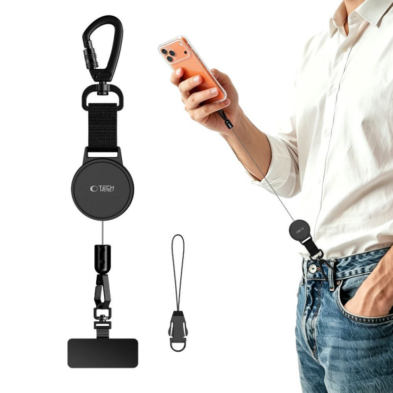 Porta telefono antifurto Tech-Protect UrbanLoop con cavo in acciaio retrattile, nero