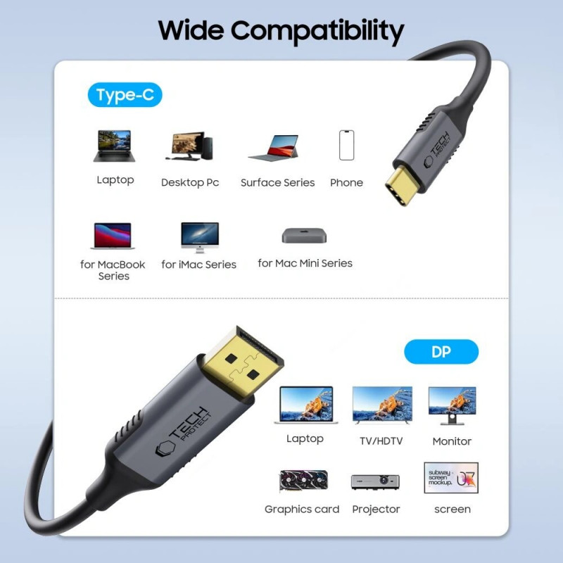 Cavo Tech-Protect UltraBoost USB-C – DisplayPort 1.4, 8K 60Hz, 180 cm, nero