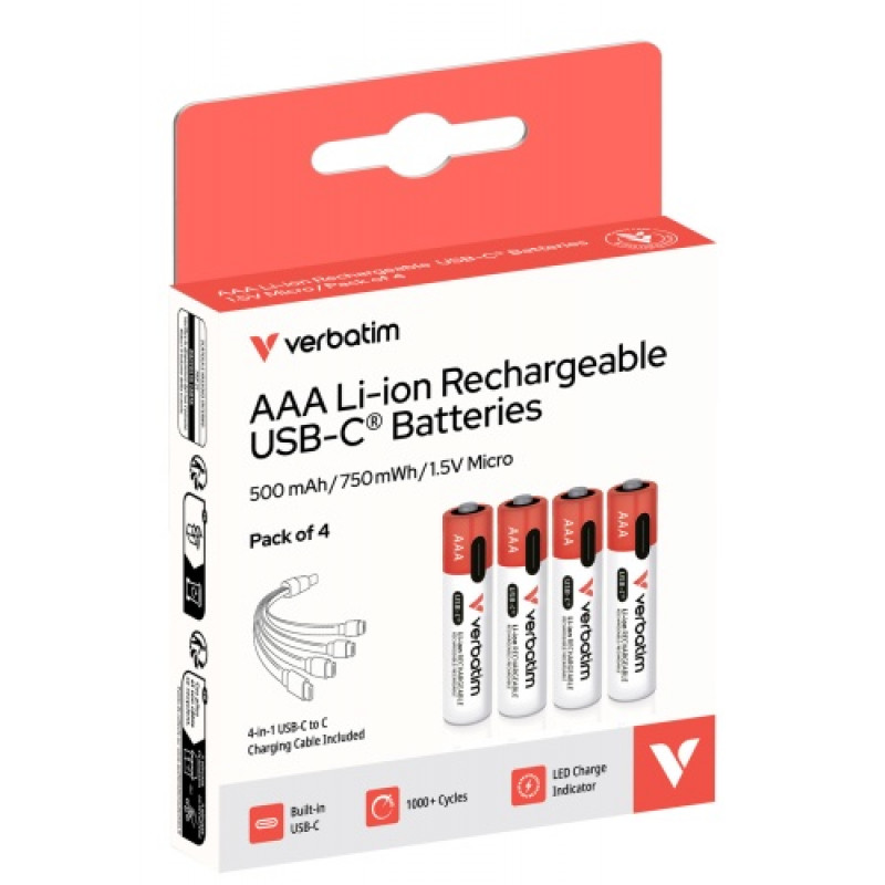 Batterie ricaricabili USB-C Li-ion AAA 500 mAh Verbatim 30250 (4 pz)