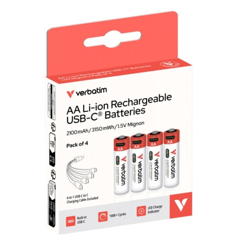 Batterie ricaricabili Verbatim 30249 USB-C Li-ion AA 2100 mAh (4 pz)