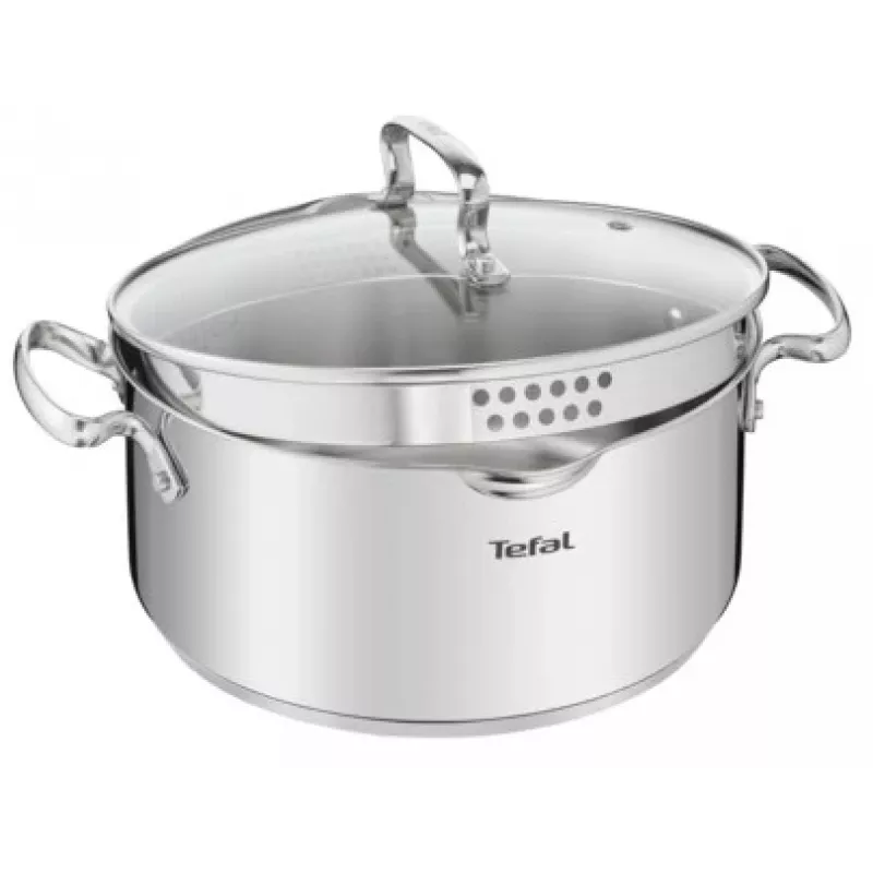 Tefal Duetto+ G7194655 Casseruola, Rotonda, Acciaio Inossidabile, 24 cm, Coperchio in Vetro