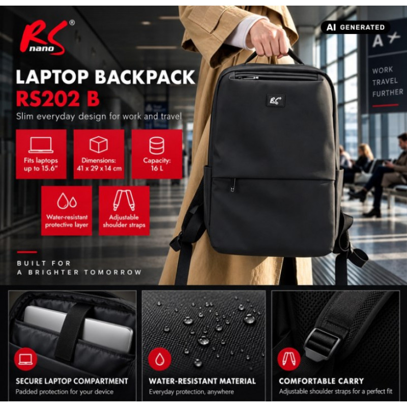 Zaino per laptop NanoRS RS202 B 15.6", nero, 41x29x4, impermeabile