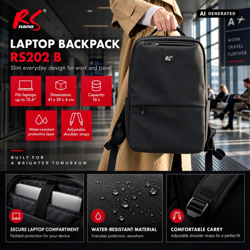 Zaino per laptop NanoRS RS202 B 15.6", nero, 41x29x4, impermeabile