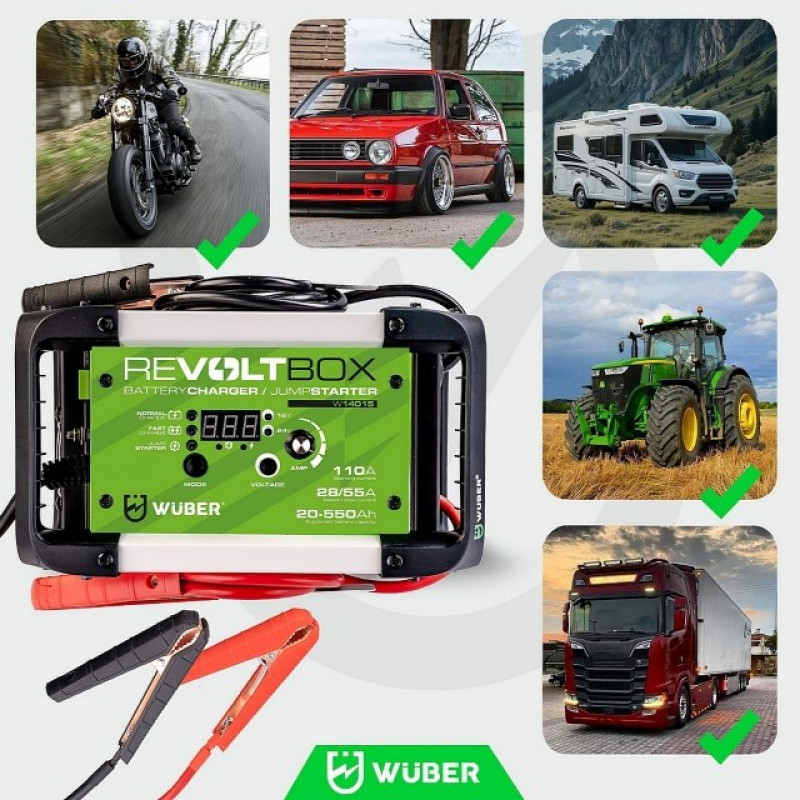 Caricabatteria automatico per auto Wuber W14015 con avviamento di emergenza, 110 A