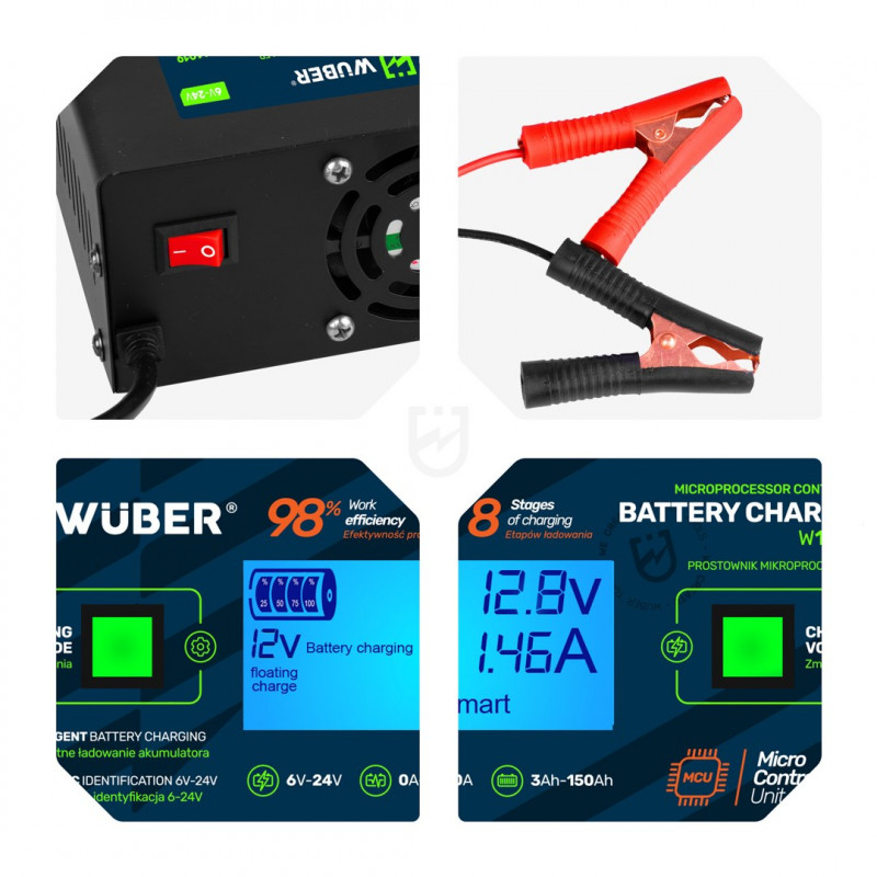 Caricabatterie a microprocessore Wuber W14019, 6/8/12/14/16/24 V, 10 A