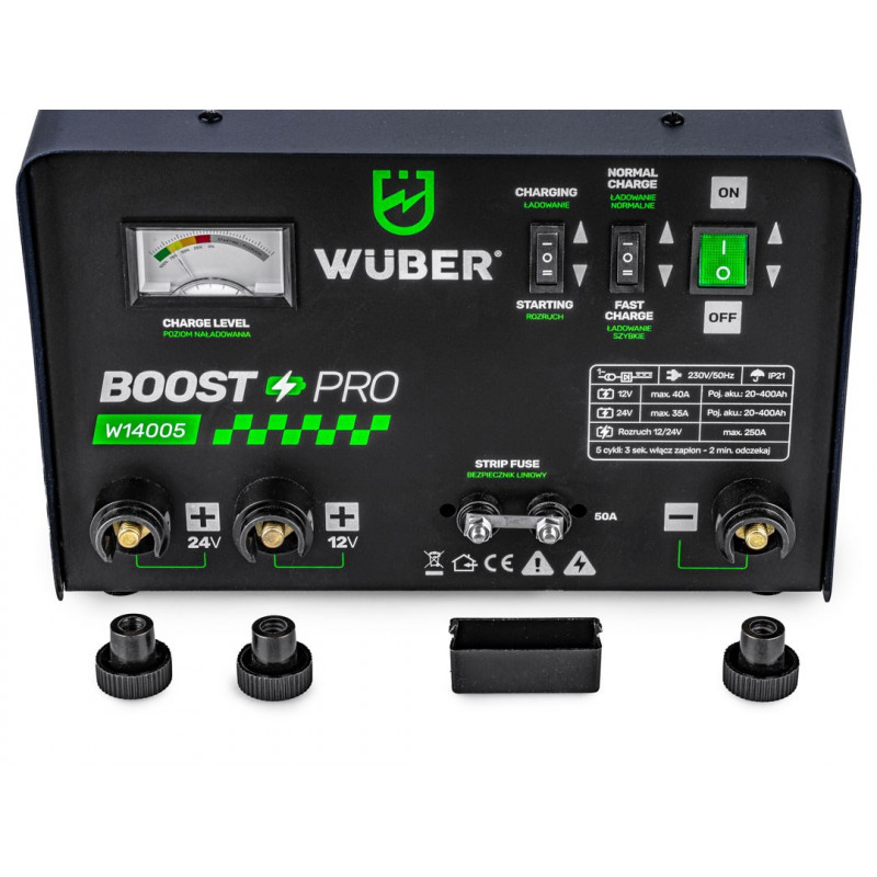 Caricabatterie per auto Wuber W14005 con avviamento di emergenza, 40 A, 12 V/24 V