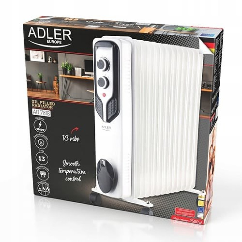 Termosifone ad olio Adler AD 7818, 2500 W, 3 livelli di potenza, 13 elementi, bianco