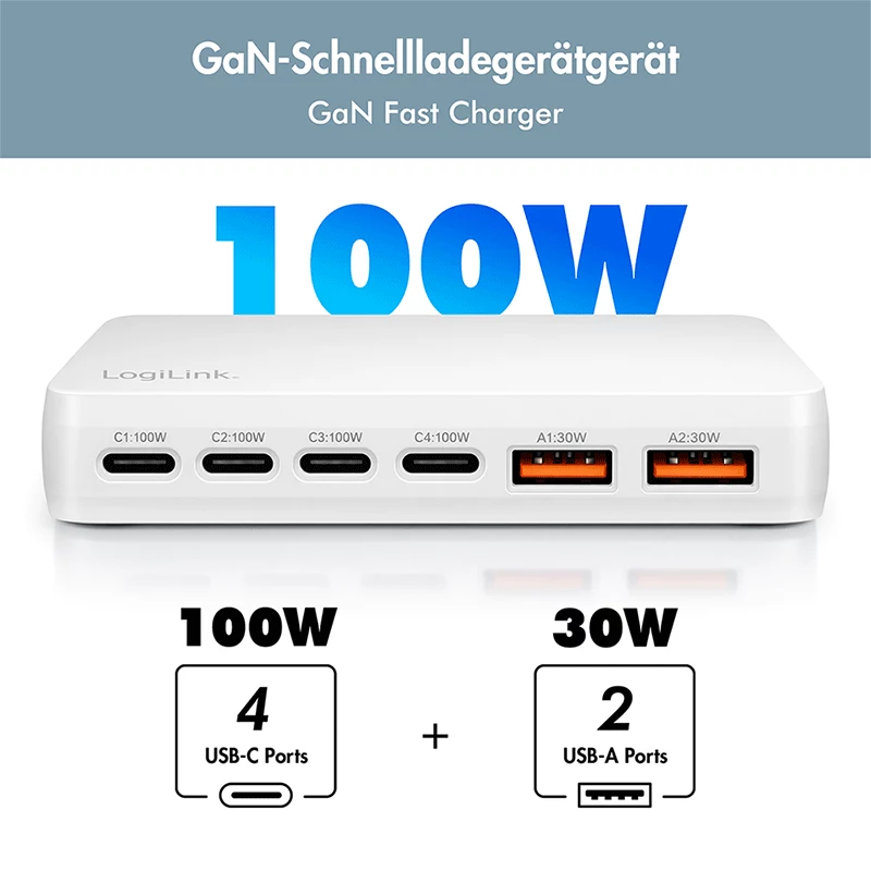 Caricabatterie da tavolo LogiLink PA0418 USB-A/C, 100 W, GaN, 6 porte, 2x USB-A (QC), 4x USB-C (PD), bianco