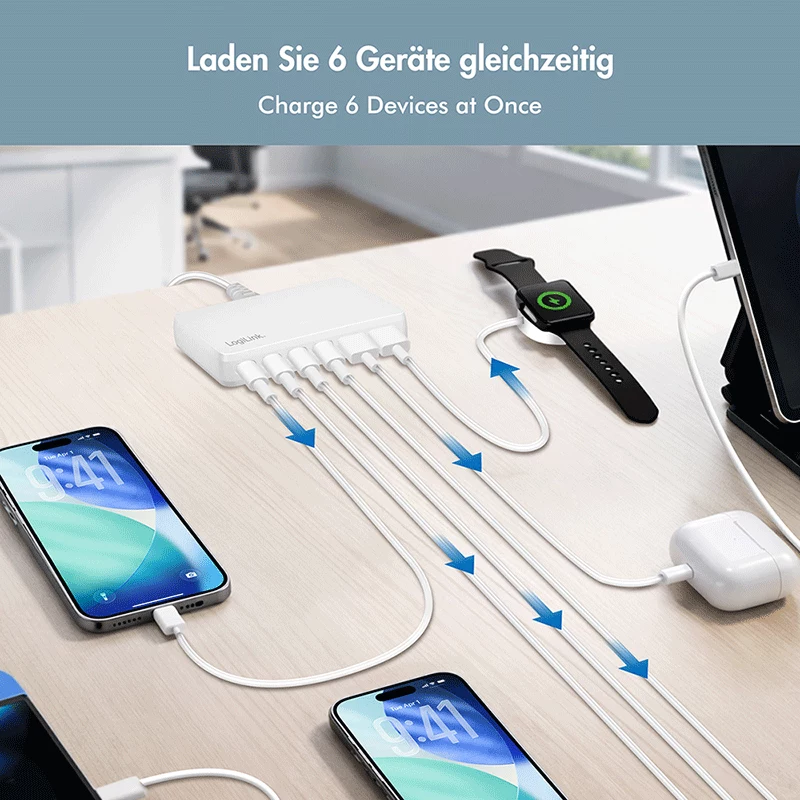 Caricabatterie da tavolo LogiLink PA0418 USB-A/C, 100 W, GaN, 6 porte, 2x USB-A (QC), 4x USB-C (PD), bianco