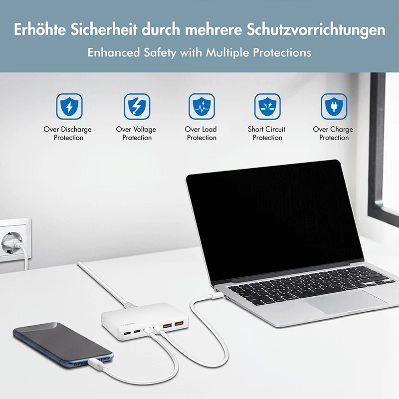 Caricabatterie da tavolo LogiLink PA0418 USB-A/C, 100 W, GaN, 6 porte, 2x USB-A (QC), 4x USB-C (PD), bianco