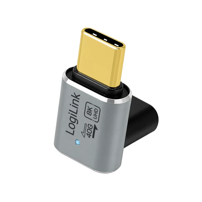 Adattatore USB 4 Type-C LogiLink AU0063 90° U/D, C/M a C/F, 40 Gbps, 240W, 8K/60 Hz, metallo, argento