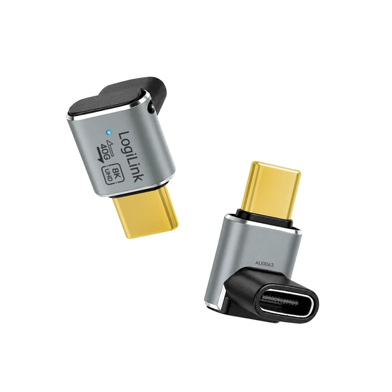 Adattatore USB 4 Type-C LogiLink AU0063 90° U/D, C/M a C/F, 40 Gbps, 240W, 8K/60 Hz, metallo, argento