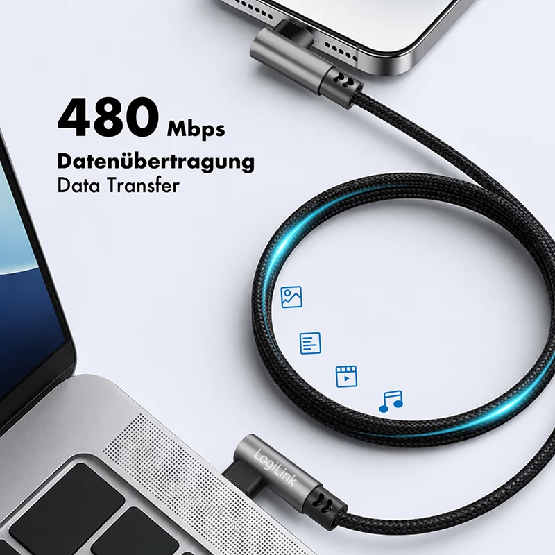 Cavo USB 2.0 Type-C LogiLink CU0461, C/M 90° a C/M 90°, 480 Mbps, 100W, metallo, argento/nero, 1 m