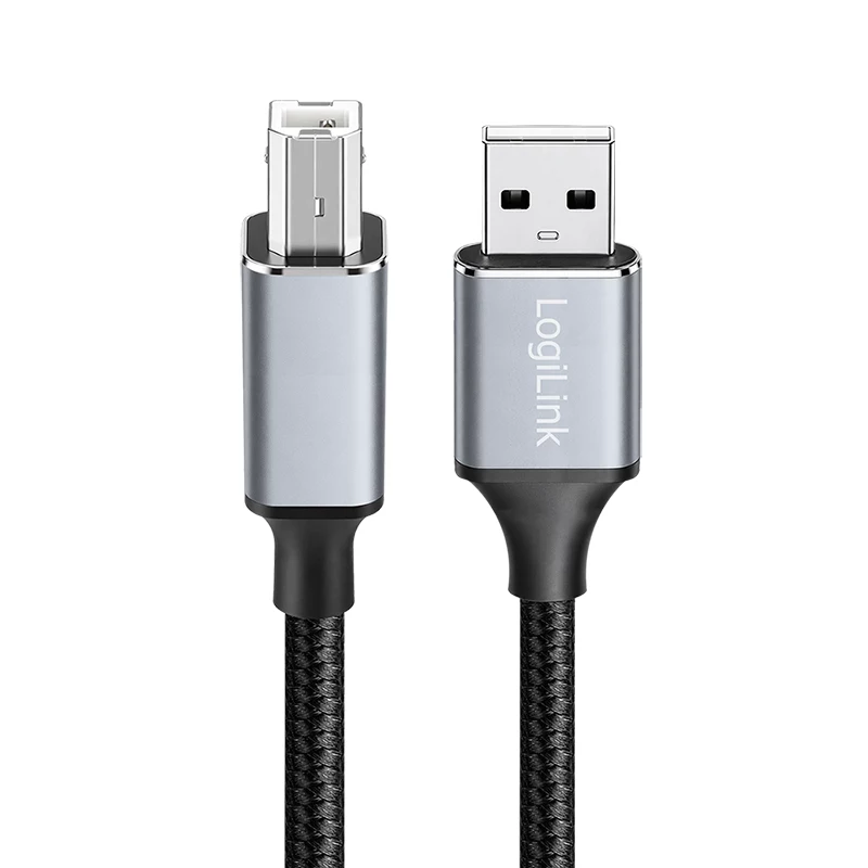 Cavo USB 2.0 Logilink CU0107, USB-A/M a USB-B/M, 480 Mbps, nylon, metallo, nero/argento, 2 m