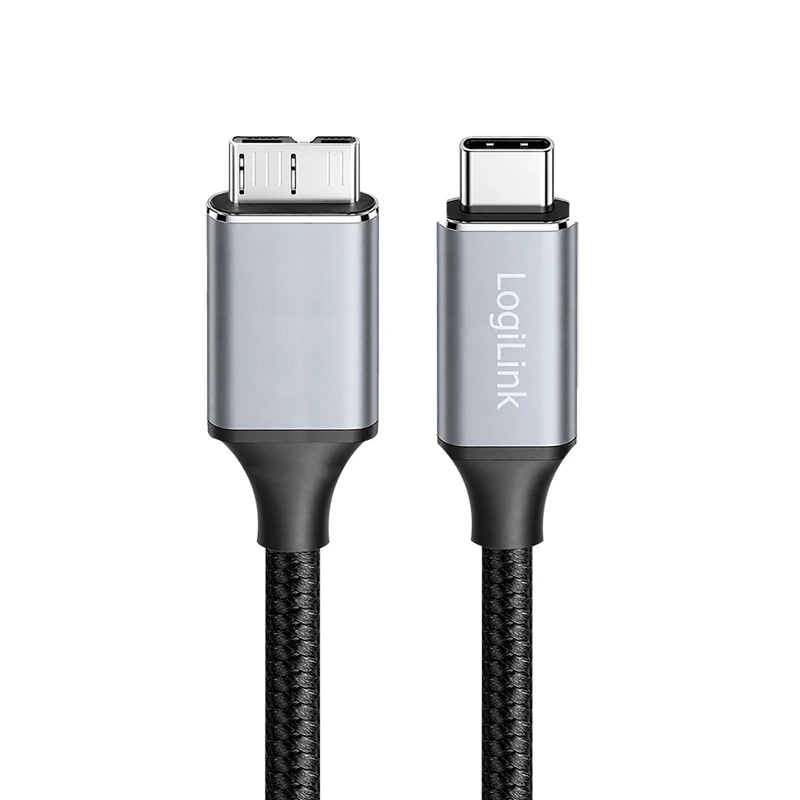 Cavo USB 3.2 Gen1 Type-C Logilink CU0199, C/M a Micro-USB/M, 5 Gbps, nylon, metallo, nero/argento, 2 m