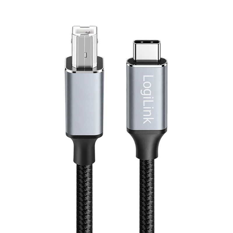 Cavo USB 2.0 Type-C Logilink CU0515, C/M a B/M, 480 Mbps, nylon, metallo, nero/argento, 2 m
