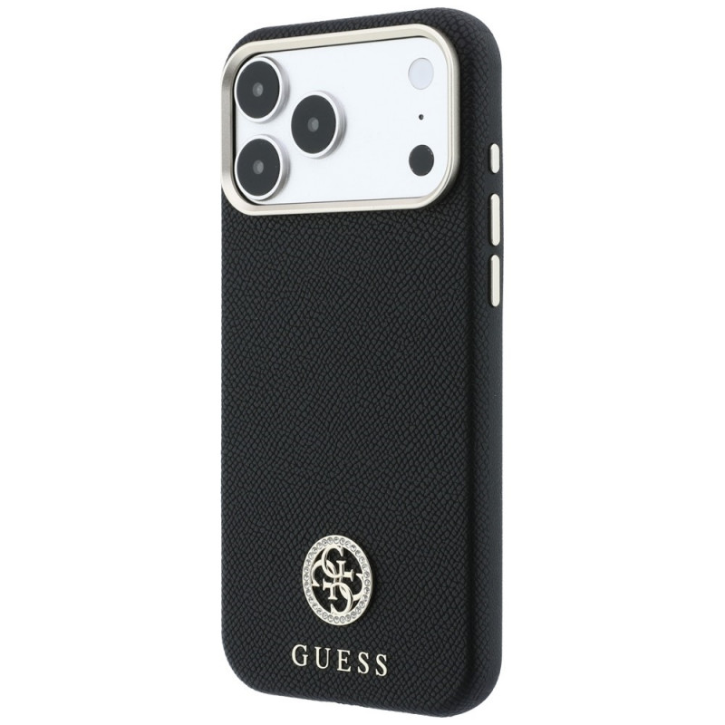 Guess GUE005537-0 Grained Round Strass Logo MagSafe custodia per Apple iPhone 18 Pro Max / 17 Pro Max, nera