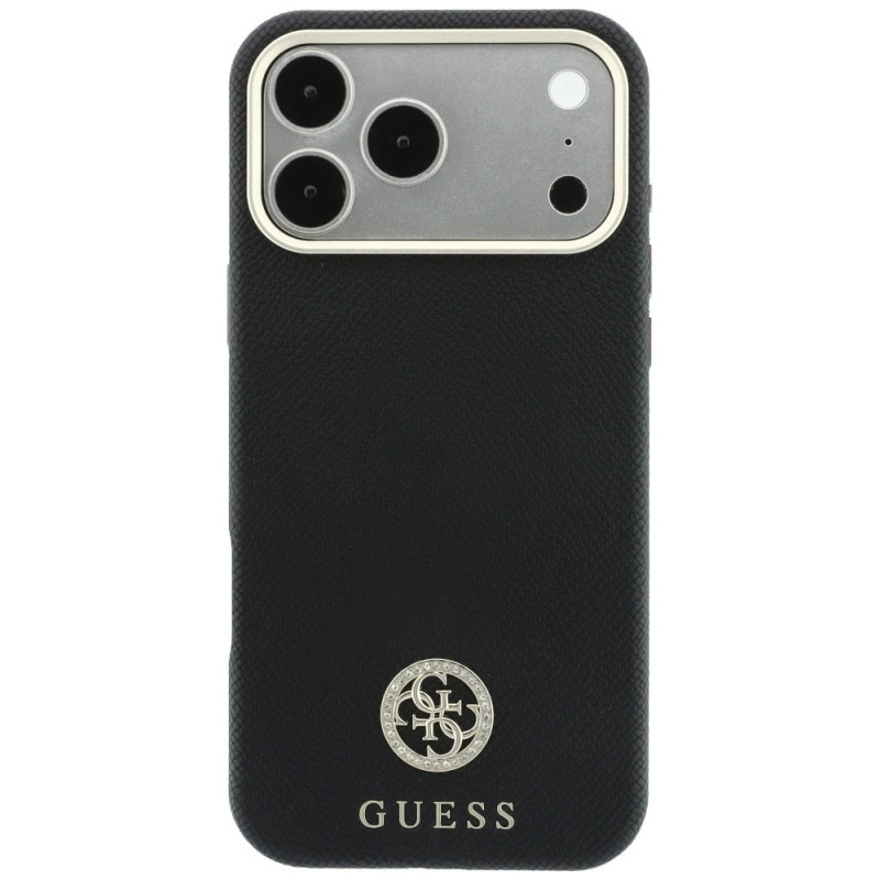 Guess GUE005537-0 Grained Round Strass Logo MagSafe custodia per Apple iPhone 18 Pro Max / 17 Pro Max, nera