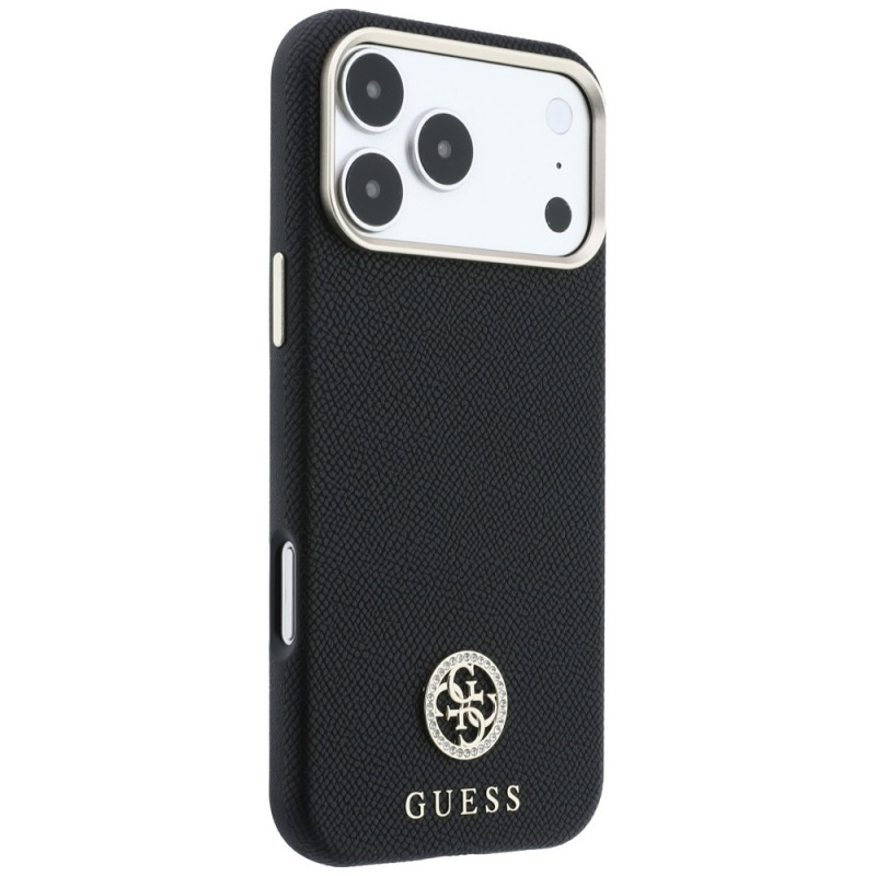 Guess GUE005537-0 Grained Round Strass Logo MagSafe custodia per Apple iPhone 18 Pro Max / 17 Pro Max, nera