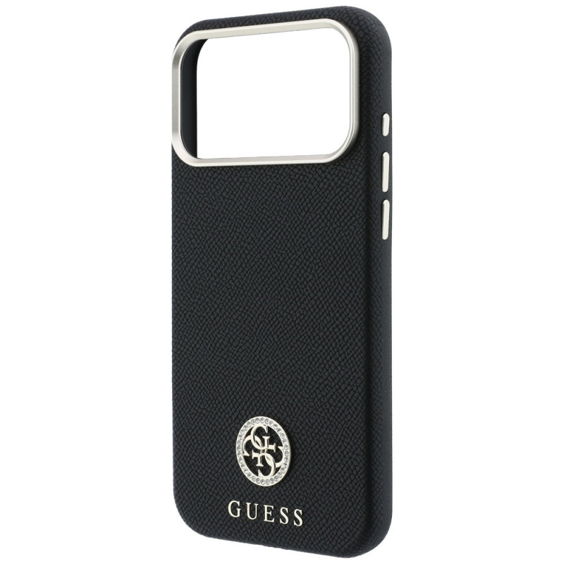Guess GUE005537-0 Grained Round Strass Logo MagSafe custodia per Apple iPhone 18 Pro Max / 17 Pro Max, nera