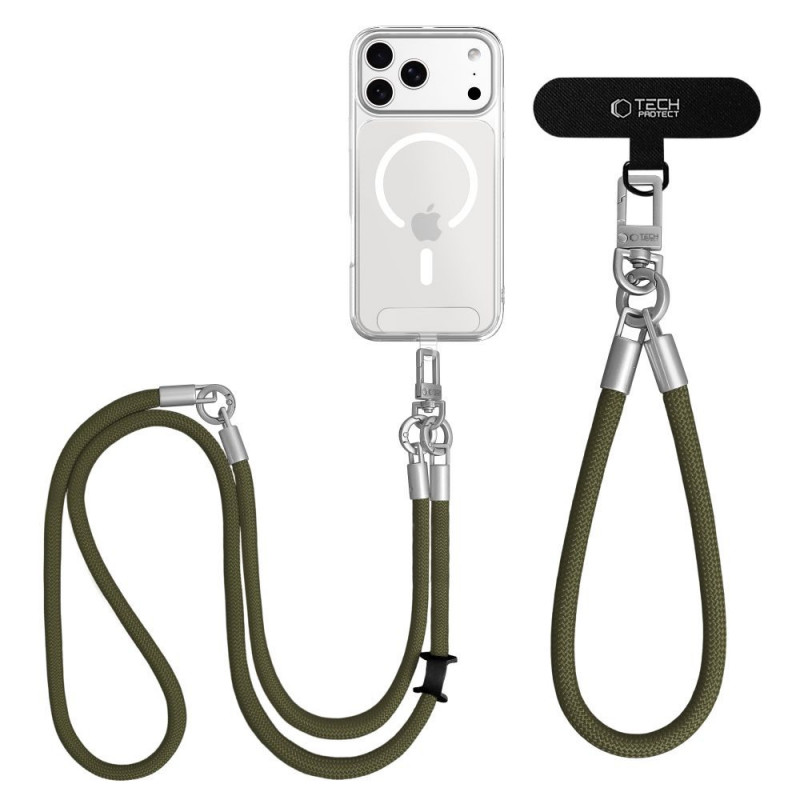 Tech-Protect C10S Rope Crossbody & Wrist set di tracolla e cinturino da polso per telefono, verde oliva/titanio