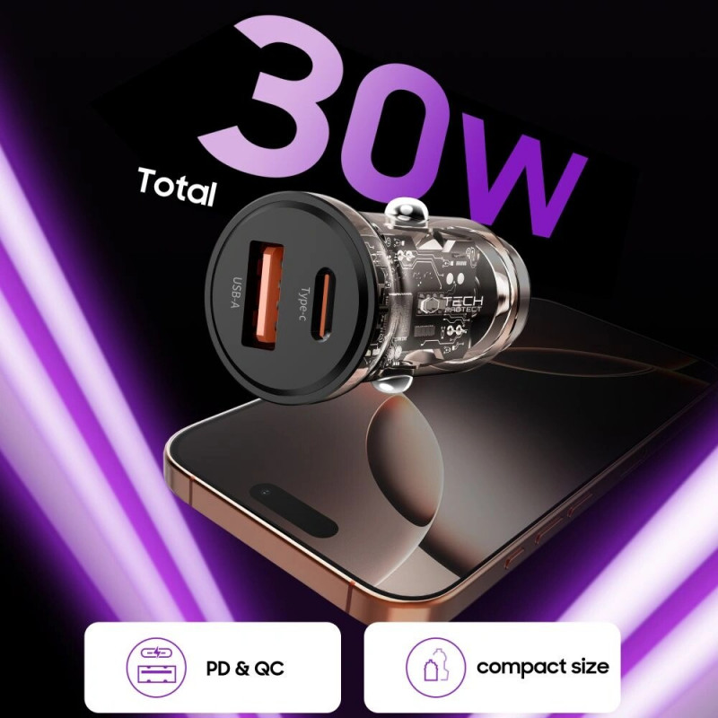 Tech-Protect CC01 caricabatterie da auto a 2 porte USB-A / USB-C, PD 30W / QC 3.0, nero