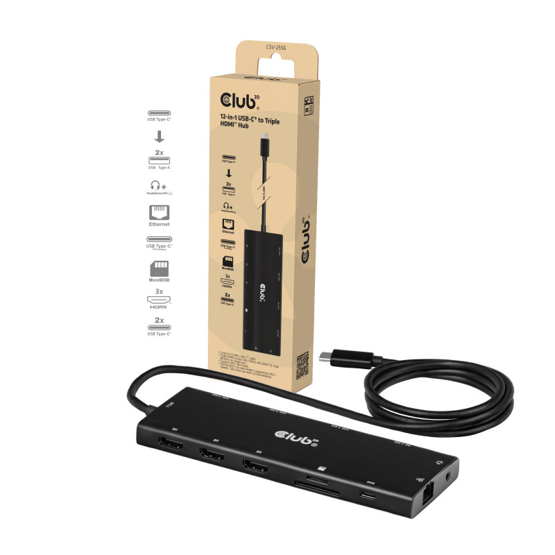 Club 3D CSV-2556 hub USB-C 12-in-1, 3x HDMI/3x USB-C/USB/LAN, 8K30Hz, PD 140W