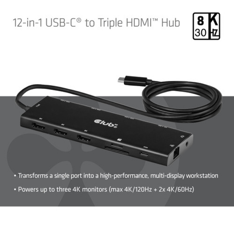 Club 3D CSV-2556 hub USB-C 12-in-1, 3x HDMI/3x USB-C/USB/LAN, 8K30Hz, PD 140W