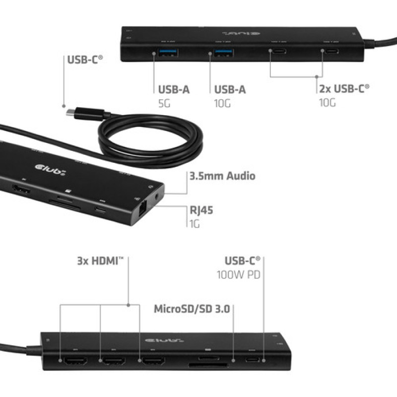 Club 3D CSV-2556 hub USB-C 12-in-1, 3x HDMI/3x USB-C/USB/LAN, 8K30Hz, PD 140W