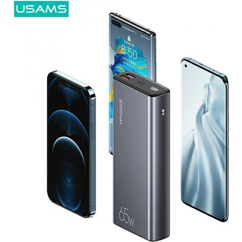 Power bank USAMS PB59 US-CD165 30000 mAh, 65 W, 2x QC3.0 + PD, nero, con cavo USB-C a USB-C