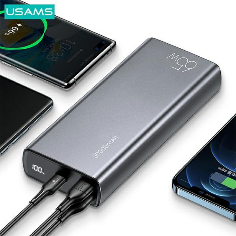 Power bank USAMS PB59 US-CD165 30000 mAh, 65 W, 2x QC3.0 + PD, nero, con cavo USB-C a USB-C