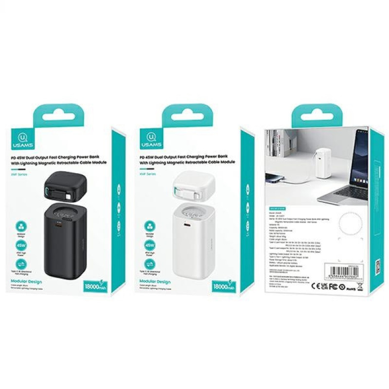 Powerbank USAMS US-CD217 XMF Series 18000 mAh, ricarica rapida PD 45W, con cavo Lightning, nero