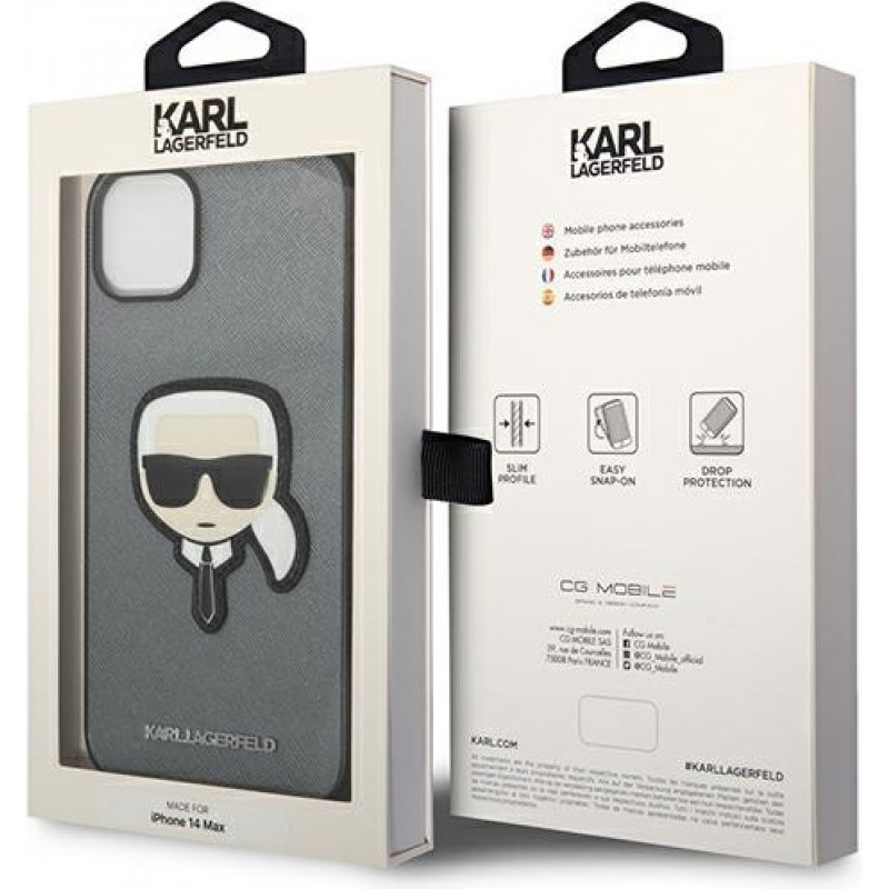 Karl Lagerfeld KLHCP14SSAPKHG Custodia rigida per Apple iPhone 14, Saffiano Karl's Head Patch, argento