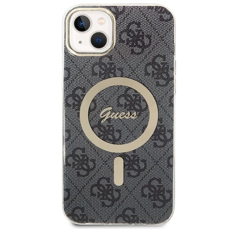 Guess GUBPP14SH4EACSK Custodia rigida per Apple iPhone 14 + caricatore wireless, 4G Print, MagSafe, nera