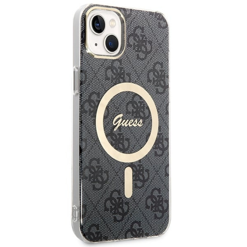 Guess GUBPP14SH4EACSK Custodia rigida per Apple iPhone 14 + caricatore wireless, 4G Print, MagSafe, nera
